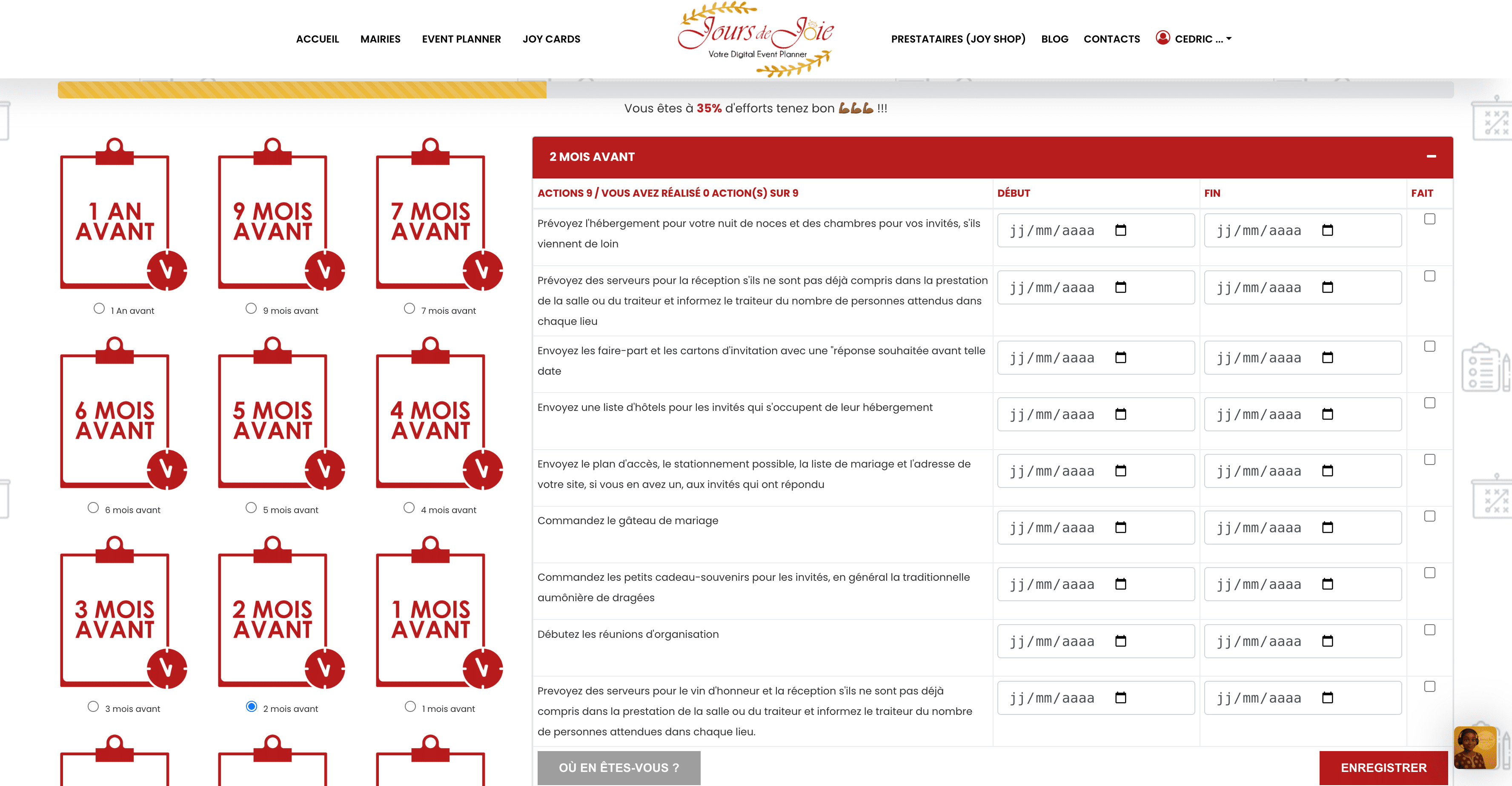 Rubrique planning dans Jours de joie