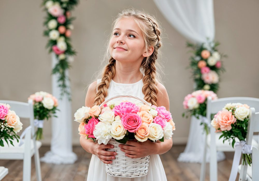 Enfant d'honneur fillette tenant le bouquet de fleurs