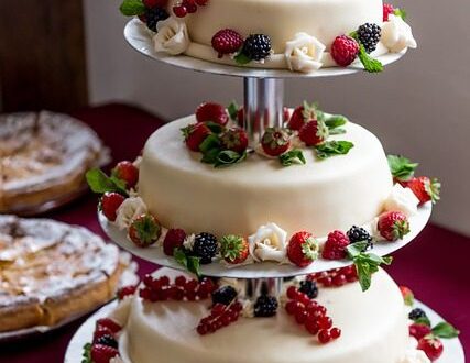 Gateau de mariage deposé sur une table avec une decoration des fleurs rouge et vert